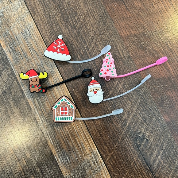 Accessories Christmas Straw Toppers 5 Pc Bundle Moose Tree Santa Hat